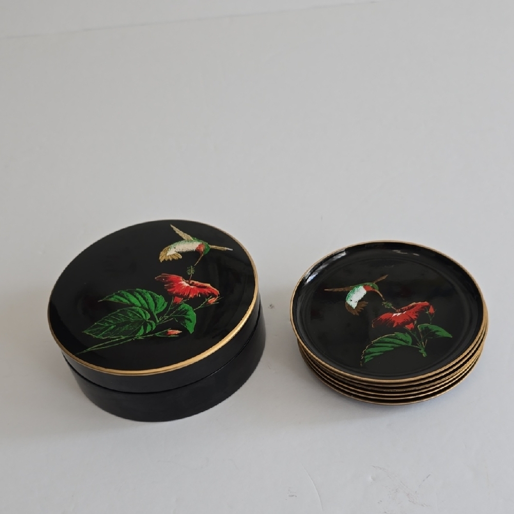 Vintage Set Of 6 Otagiri Black Lacquerware Japan Coasters With Case Lid Japan